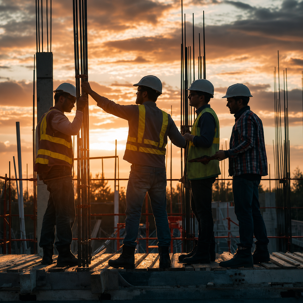 Equipo de trabajo de ConstruEquipos del Sur en obra al atardecer